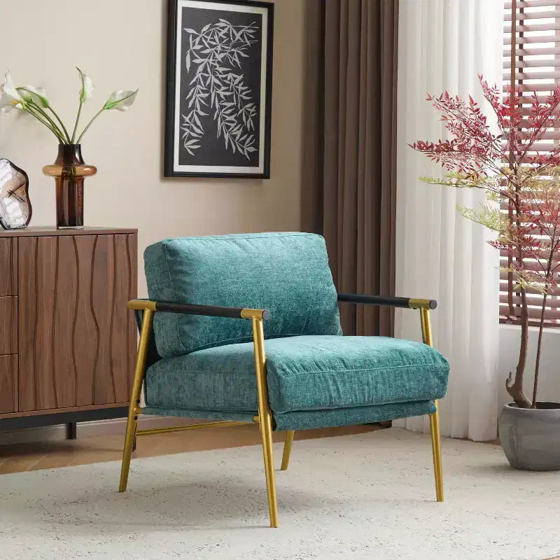 Silla decorativa moderna de 27.56, cojines mullidos, estructura metálica minimalista y reposabrazos de madera, para sala, dormitorio y oficina