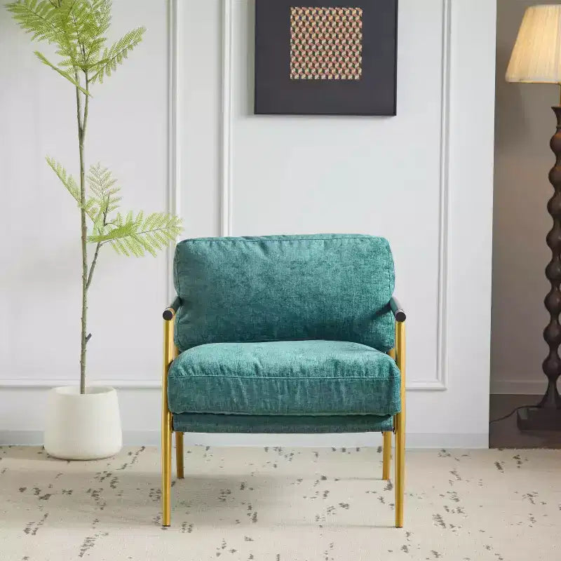 Silla decorativa moderna de 27.56, cojines mullidos, estructura metálica minimalista y reposabrazos de madera, para sala, dormitorio y oficina