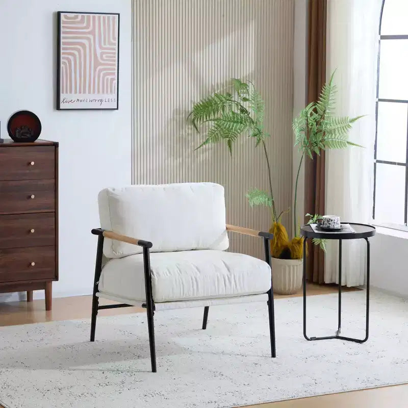 Silla decorativa moderna de 27.56, cojines mullidos, estructura metálica minimalista y reposabrazos de madera, para sala, dormitorio y oficina