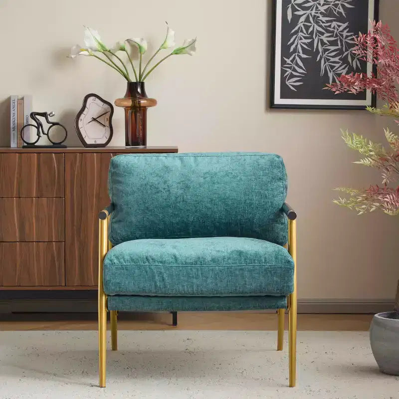 Silla decorativa moderna de 27.56, cojines mullidos, estructura metálica minimalista y reposabrazos de madera, para sala, dormitorio y oficina