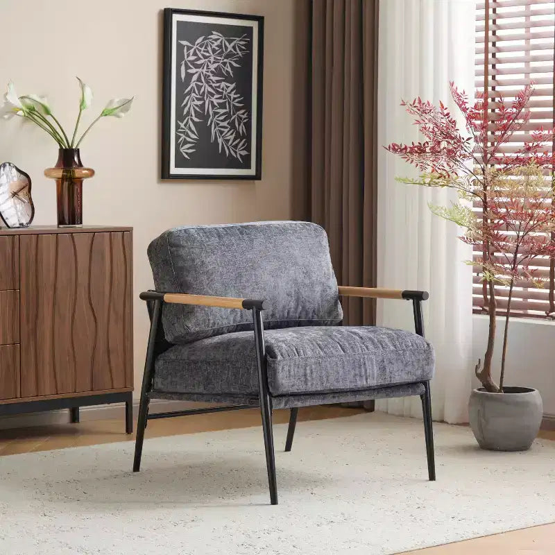 Silla decorativa moderna de 27.56, cojines mullidos, estructura metálica minimalista y reposabrazos de madera, para sala, dormitorio y oficina