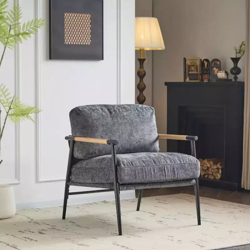 Silla decorativa moderna de 27.56, cojines mullidos, estructura metálica minimalista y reposabrazos de madera, para sala, dormitorio y oficina