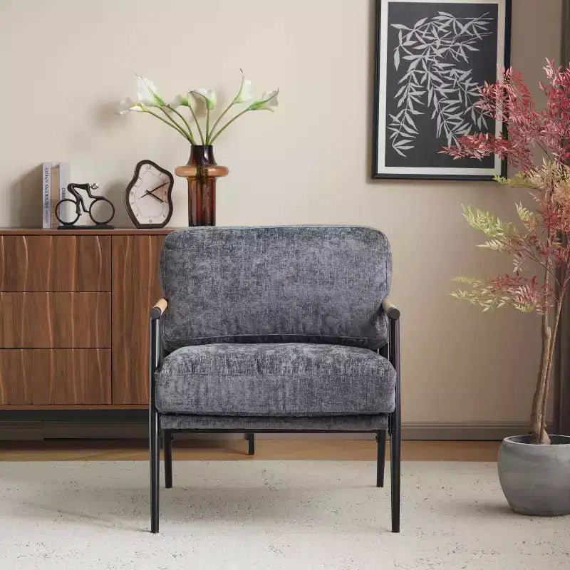 Silla decorativa moderna de 27.56, cojines mullidos, estructura metálica minimalista y reposabrazos de madera, para sala, dormitorio y oficina