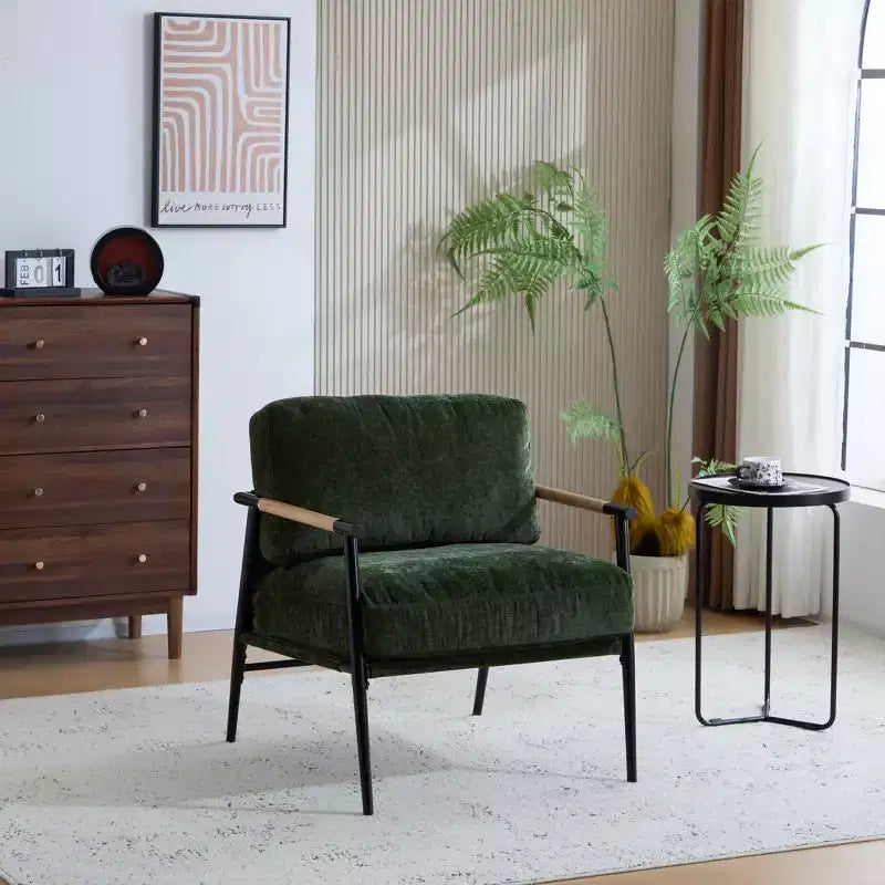 Silla decorativa moderna de 27.56, cojines mullidos, estructura metálica minimalista y reposabrazos de madera, para sala, dormitorio y oficina