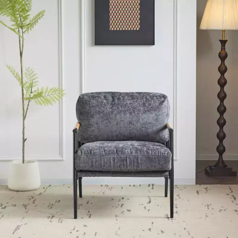 Moderner Akzentstuhl, 27.56, weiche Polster, minimalistisches Metallgestell, Armlehnen aus Holz, für Wohnzimmer, Schlafzimmer und Büro
