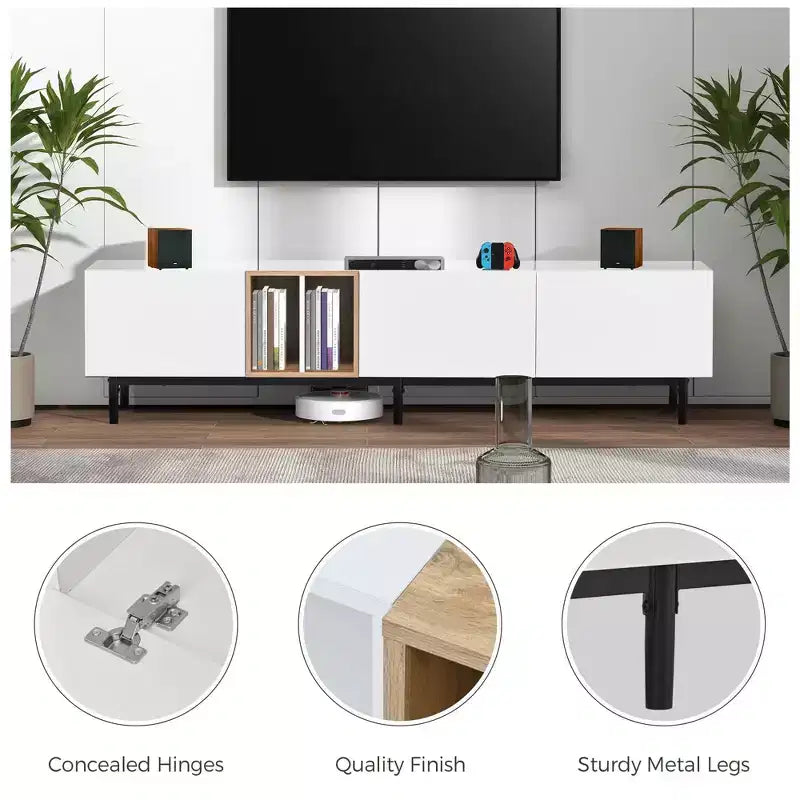 Moderner TV-Ständer für 80 TV mit 3 Türen, Entertainment-Center mit großem Aufbewahrungsschrank für Wohnzimmer und Schlafzimmer, Weiß