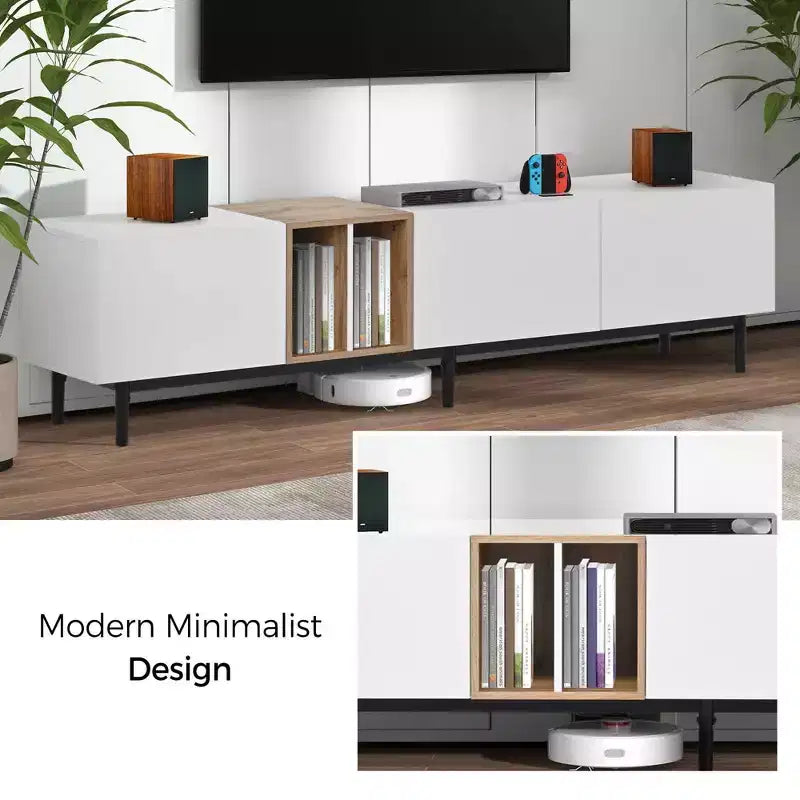 Mueble de TV moderno para televisor de 80 con 3 puertas, centro de entretenimiento con un amplio armario de almacenamiento para sala y dormitorio, blanco