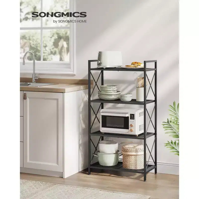 Metallregal mit 4 Ebenen, 44.3 Zoll Regal mit X-Streben und verstellbaren Füßen, 110 lb Tragkraft pro Ablage, für Eingangsbereich, Küche und Bad, Tintenschwarz