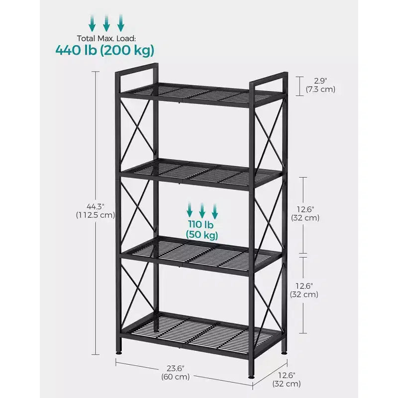 Étagère de rangement métallique à 4 niveaux, unité de rayonnage de 44.3 pouces avec cadres à barre en X et pieds réglables, 110 lb par étagère, pour entrée, cuisine et salle de bain, noir d’encre