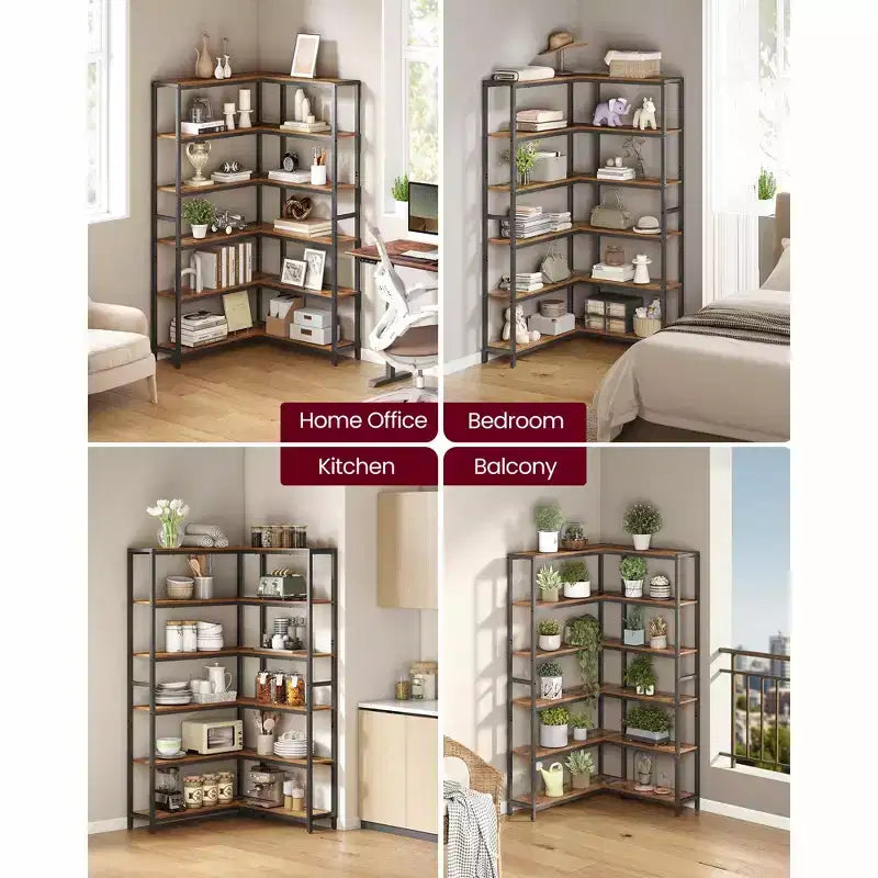 Eckbücherregal mit 6 Ebenen, umbaubares Regal mit Metallgestell und verstellbaren Füßen, 463 lb Tragkraft, für Wohnzimmer und Büro, rustikales Braun und Schwarz