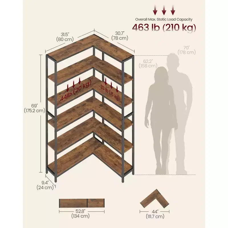 Librero esquinero de 6 niveles, estantería con estructura metálica convertible y patas ajustables, capacidad de 463 lb para sala y oficina, marrón rústico y negro