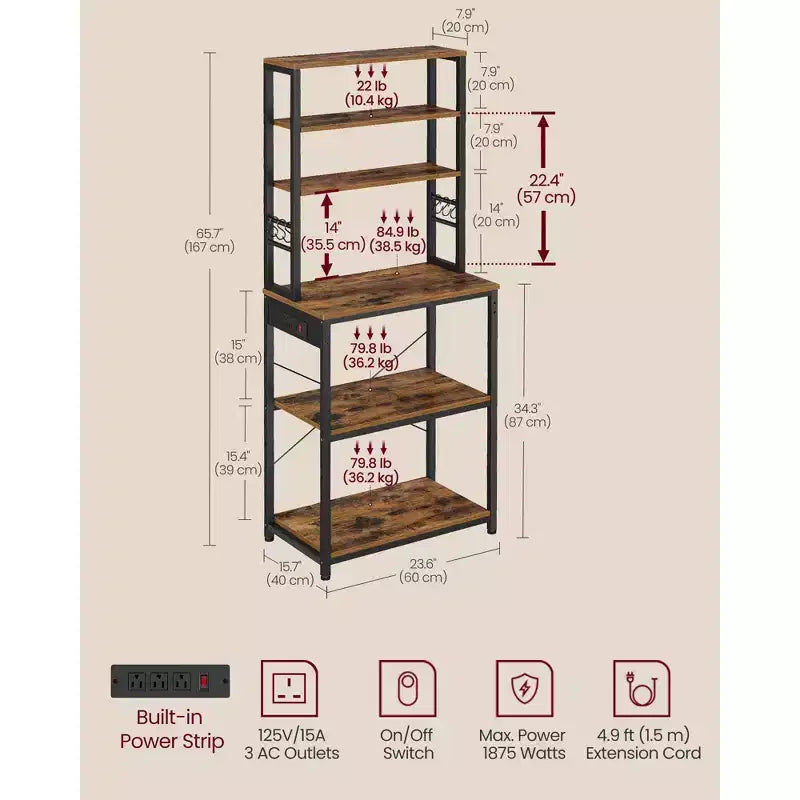Küchenregal mit Steckdose, 65.7 Zoll Kaffeebar-Regal mit verstellbarer Ablage und 6 Haken, Mikrowellenständer für die Küche