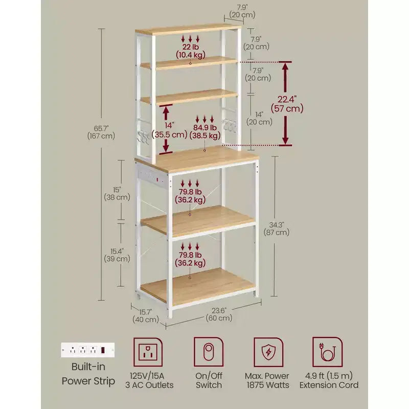 Küchenregal mit Steckdose, 65.7 Zoll Kaffeebar-Regal mit verstellbarer Ablage und 6 Haken, Mikrowellenständer für die Küche