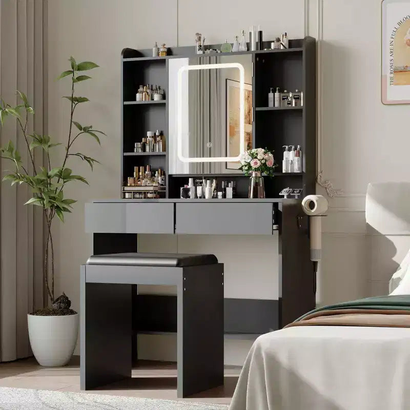 Schminktisch mit Spiegel fürs Schlafzimmer, 3-farbige Beleuchtung mit einstellbarer Helligkeit, inklusive gepolstertem Hocker, versteckte Ablagen, USB-Anschlüsse, Föhnhalter, Weiß