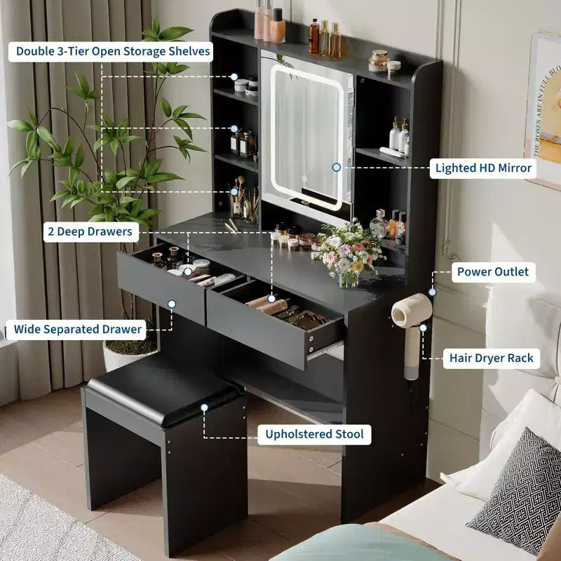 Schminktisch mit Spiegel fürs Schlafzimmer, 3-farbige Beleuchtung mit einstellbarer Helligkeit, inklusive gepolstertem Hocker, versteckte Ablagen, USB-Anschlüsse, Föhnhalter, Weiß