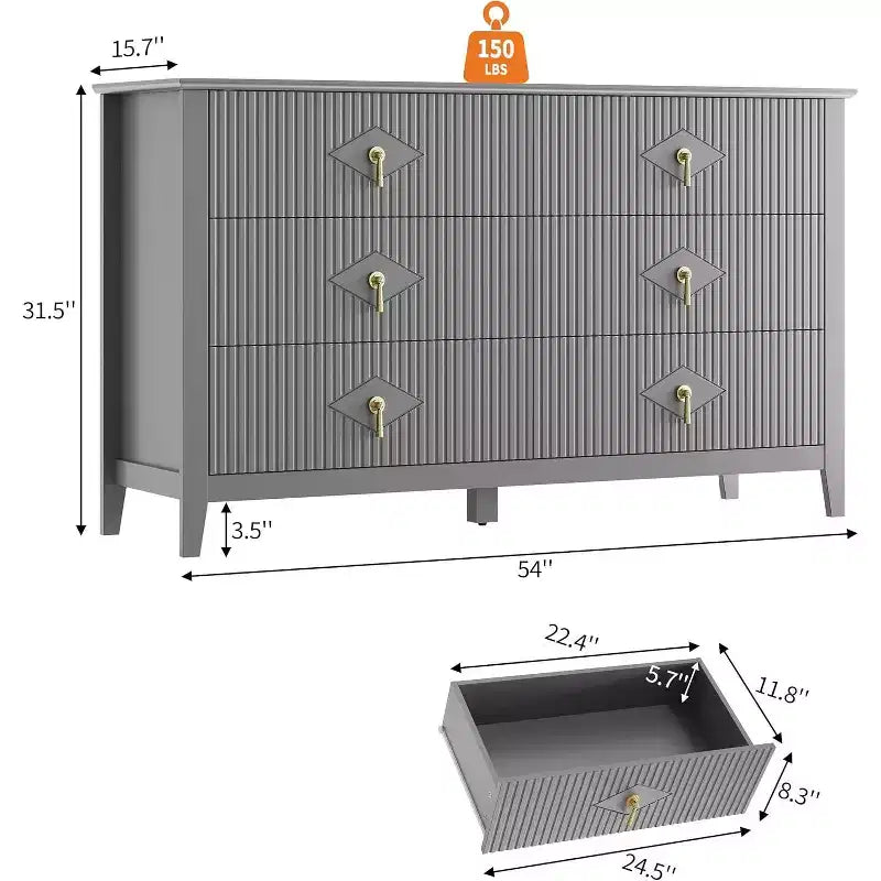 Commode à 6 tiroirs cannelés, large meuble de rangement moderne avec tiroirs profonds et kit anti-basculement