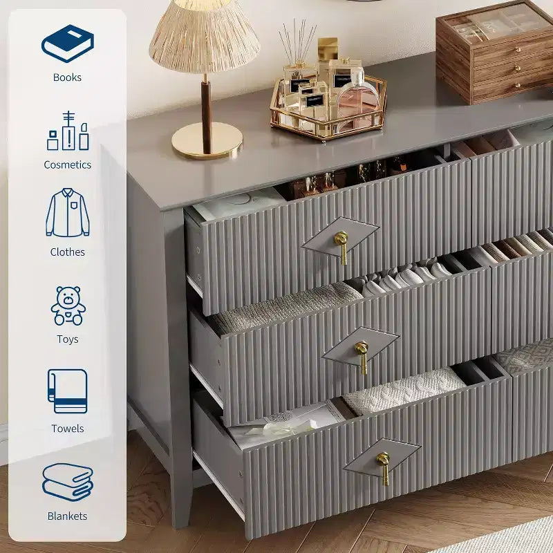 Commode à 6 tiroirs cannelés, large meuble de rangement moderne avec tiroirs profonds et kit anti-basculement