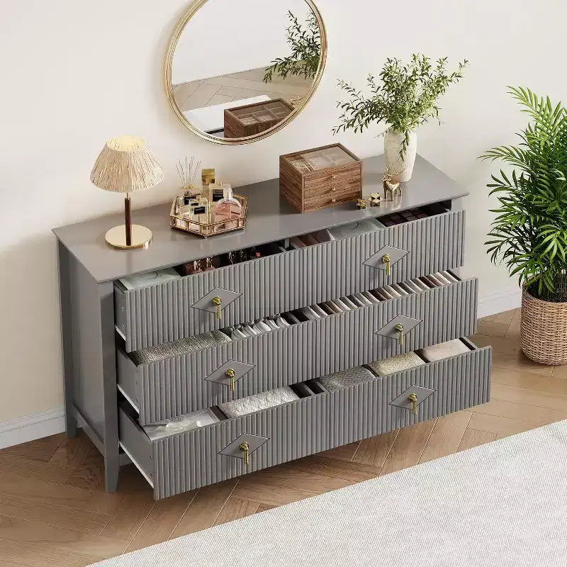 Commode à 6 tiroirs cannelés, large meuble de rangement moderne avec tiroirs profonds et kit anti-basculement