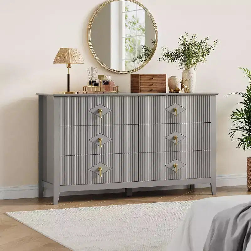 Commode à 6 tiroirs cannelés, large meuble de rangement moderne avec tiroirs profonds et kit anti-basculement