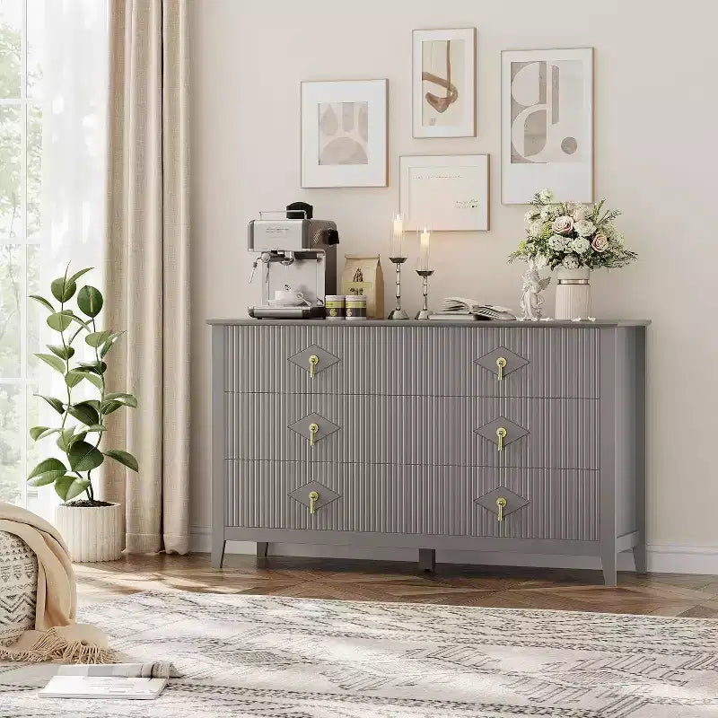 Commode à 6 tiroirs cannelés, large meuble de rangement moderne avec tiroirs profonds et kit anti-basculement