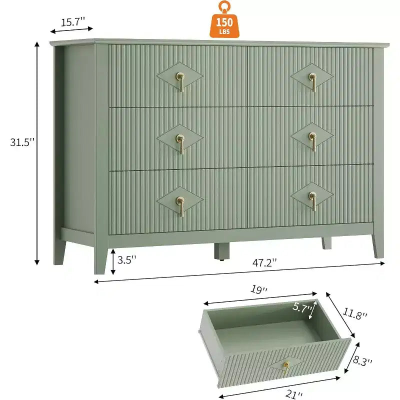 Commode à 6 tiroirs cannelés, large meuble de rangement moderne avec tiroirs profonds et kit anti-basculement