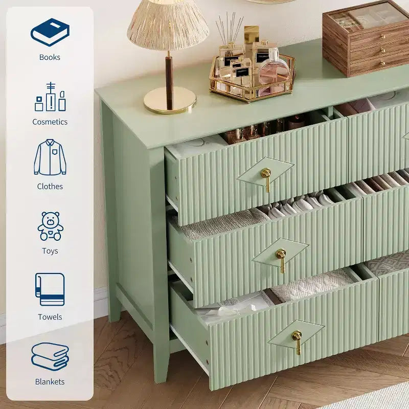 Commode à 6 tiroirs cannelés, large meuble de rangement moderne avec tiroirs profonds et kit anti-basculement