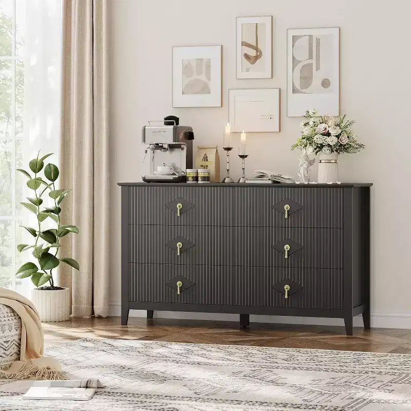 Commode à 6 tiroirs cannelés, large meuble de rangement moderne avec tiroirs profonds et kit anti-basculement