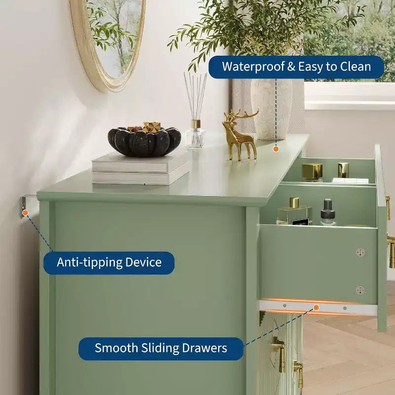 Commode à 6 tiroirs cannelés, large meuble de rangement moderne avec tiroirs profonds et kit anti-basculement