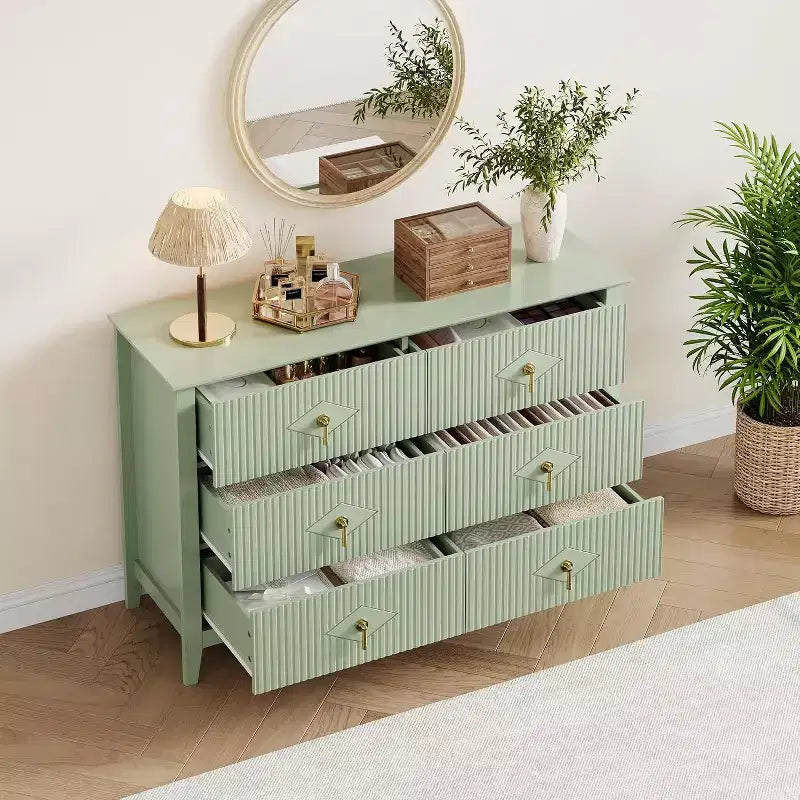 Commode à 6 tiroirs cannelés, large meuble de rangement moderne avec tiroirs profonds et kit anti-basculement