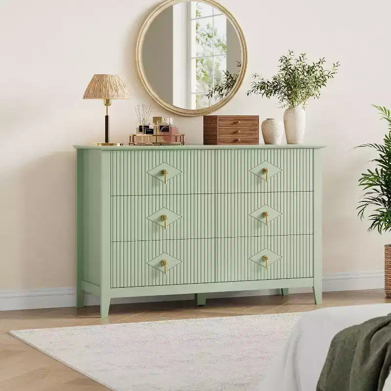 Commode à 6 tiroirs cannelés, large meuble de rangement moderne avec tiroirs profonds et kit anti-basculement