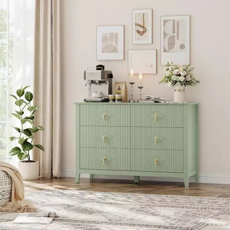 Commode à 6 tiroirs cannelés, large meuble de rangement moderne avec tiroirs profonds et kit anti-basculement