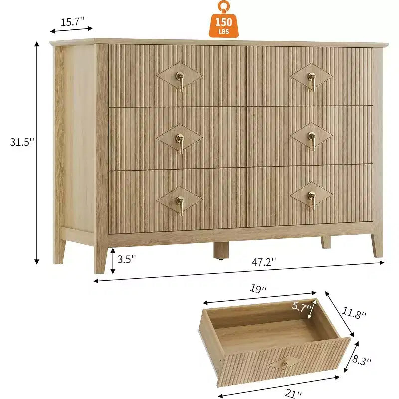 Commode à 6 tiroirs cannelés, large meuble de rangement moderne avec tiroirs profonds et kit anti-basculement