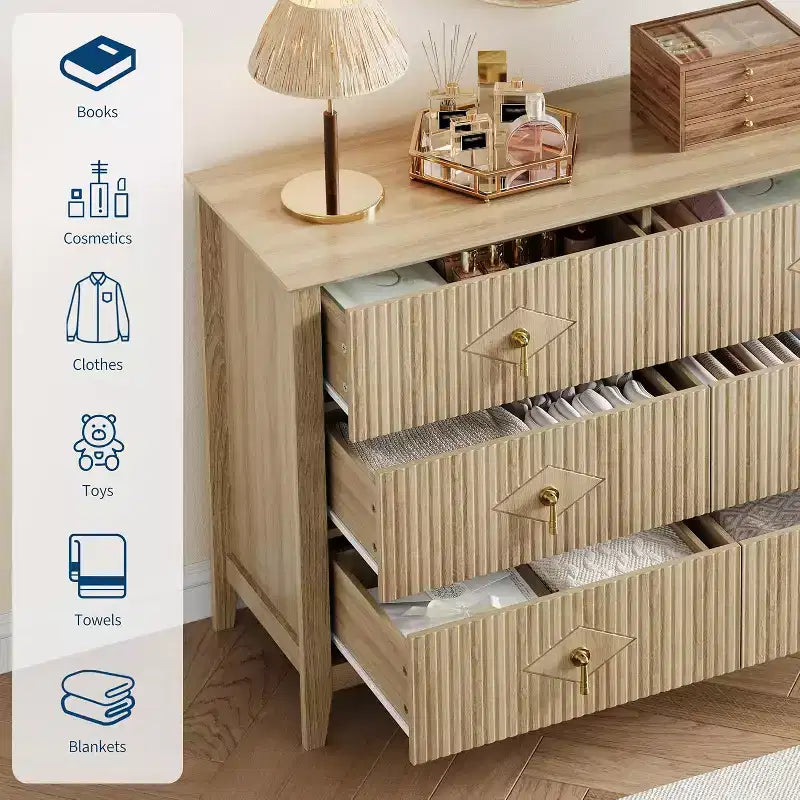 Commode à 6 tiroirs cannelés, large meuble de rangement moderne avec tiroirs profonds et kit anti-basculement