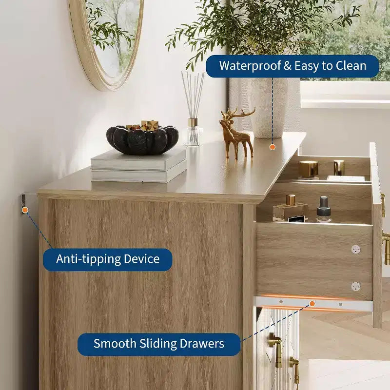 Commode à 6 tiroirs cannelés, large meuble de rangement moderne avec tiroirs profonds et kit anti-basculement