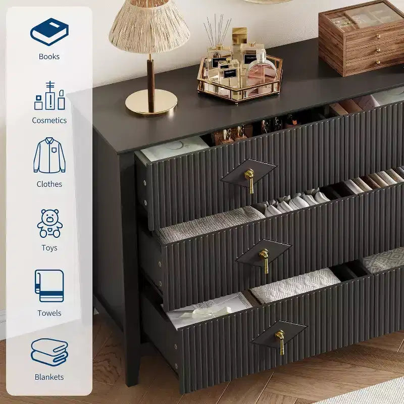 Commode à 6 tiroirs cannelés, large meuble de rangement moderne avec tiroirs profonds et kit anti-basculement