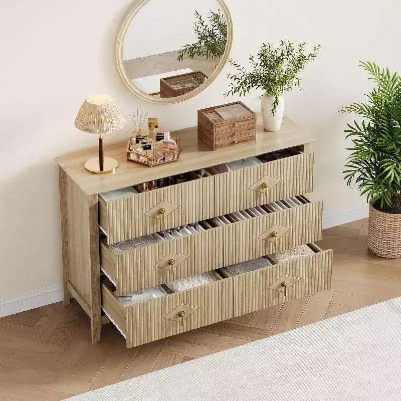 Commode à 6 tiroirs cannelés, large meuble de rangement moderne avec tiroirs profonds et kit anti-basculement