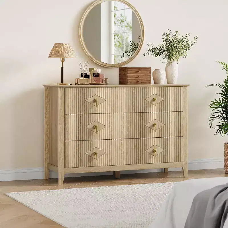 Commode à 6 tiroirs cannelés, large meuble de rangement moderne avec tiroirs profonds et kit anti-basculement