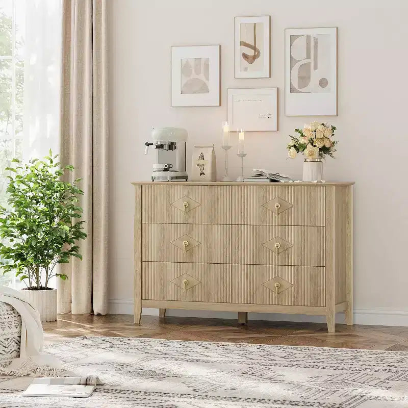 Commode à 6 tiroirs cannelés, large meuble de rangement moderne avec tiroirs profonds et kit anti-basculement