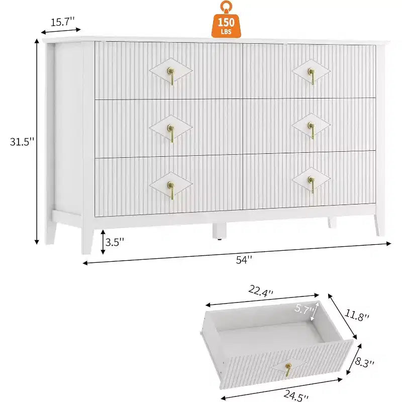 Commode à 6 tiroirs cannelés, large meuble de rangement moderne avec tiroirs profonds et kit anti-basculement