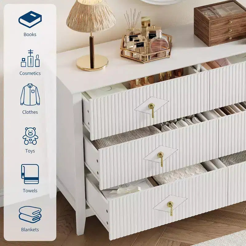 Commode à 6 tiroirs cannelés, large meuble de rangement moderne avec tiroirs profonds et kit anti-basculement
