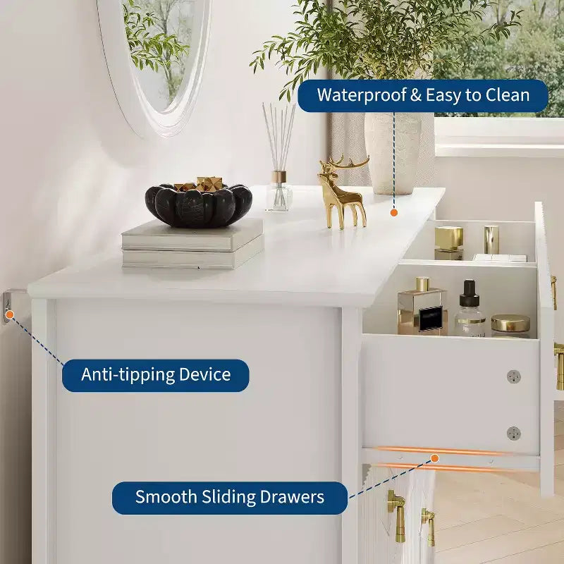 Commode à 6 tiroirs cannelés, large meuble de rangement moderne avec tiroirs profonds et kit anti-basculement