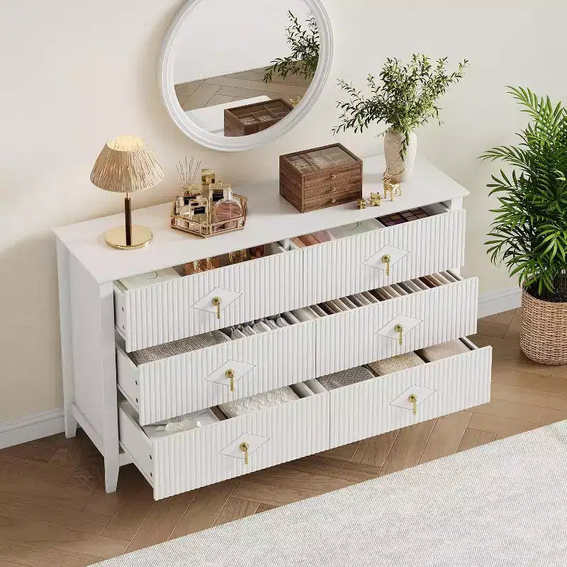 Commode à 6 tiroirs cannelés, large meuble de rangement moderne avec tiroirs profonds et kit anti-basculement