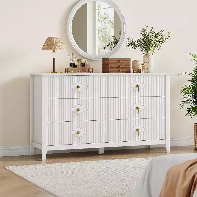 Commode à 6 tiroirs cannelés, large meuble de rangement moderne avec tiroirs profonds et kit anti-basculement