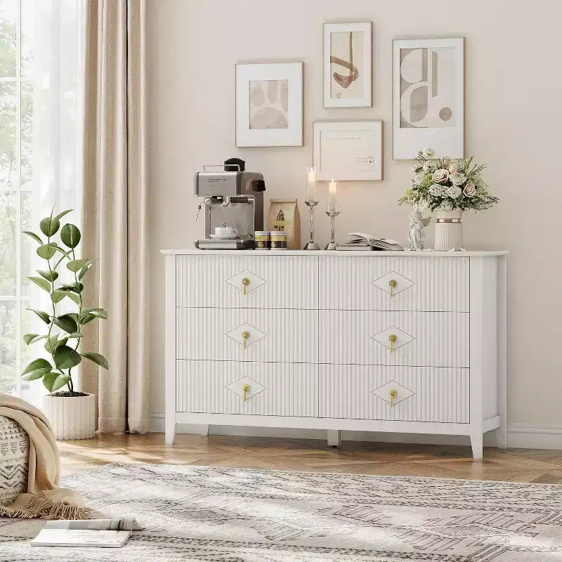 Commode à 6 tiroirs cannelés, large meuble de rangement moderne avec tiroirs profonds et kit anti-basculement
