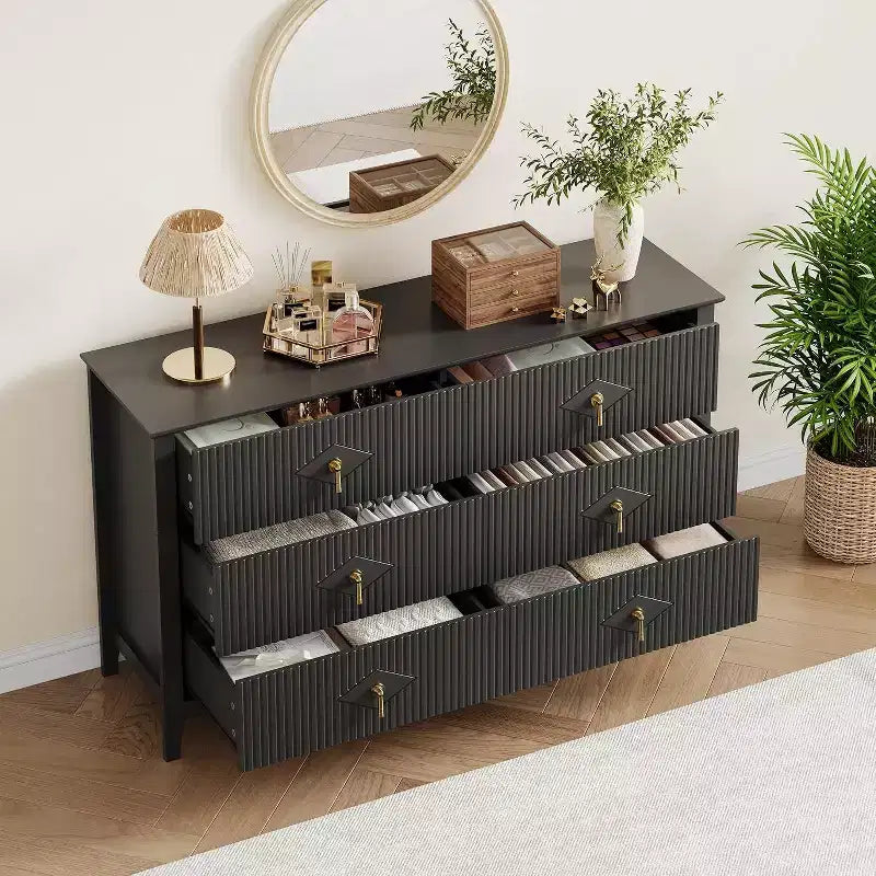 Commode à 6 tiroirs cannelés, large meuble de rangement moderne avec tiroirs profonds et kit anti-basculement