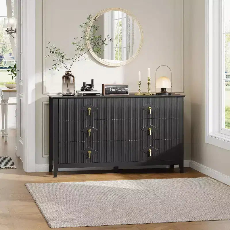 Commode à 6 tiroirs cannelés, large meuble de rangement moderne avec tiroirs profonds et kit anti-basculement