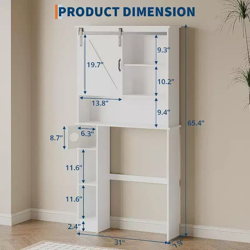 Armario de almacenamiento sobre el inodoro con puertas de granero - Mueble de baño para colocar sobre el inodoro, con gancho para papel higiénico y estantes ajustables, blanco
