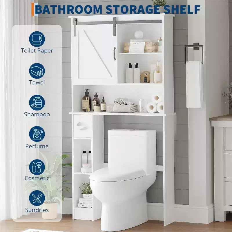 Armario de almacenamiento sobre el inodoro con puertas de granero - Mueble de baño para colocar sobre el inodoro, con gancho para papel higiénico y estantes ajustables, blanco