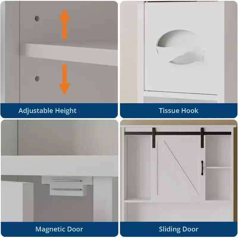 Armario de almacenamiento sobre el inodoro con puertas de granero - Mueble de baño para colocar sobre el inodoro, con gancho para papel higiénico y estantes ajustables, blanco