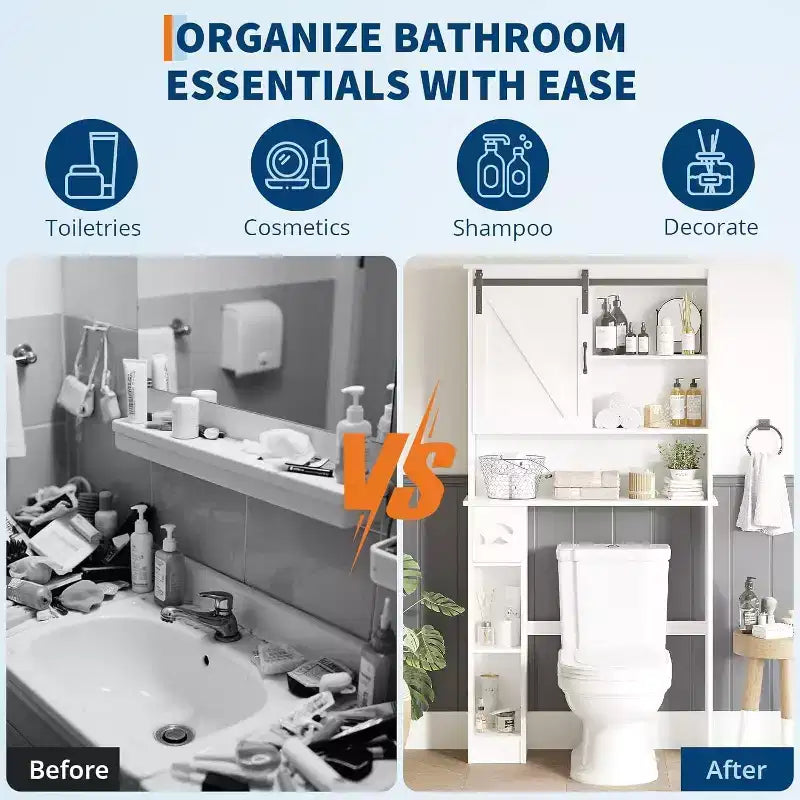 Armario de almacenamiento sobre el inodoro con puertas de granero - Mueble de baño para colocar sobre el inodoro, con gancho para papel higiénico y estantes ajustables, blanco